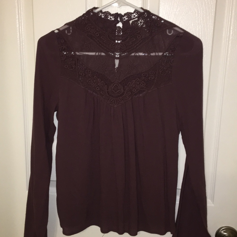 High neck, crochet, long sleeve blouse,
